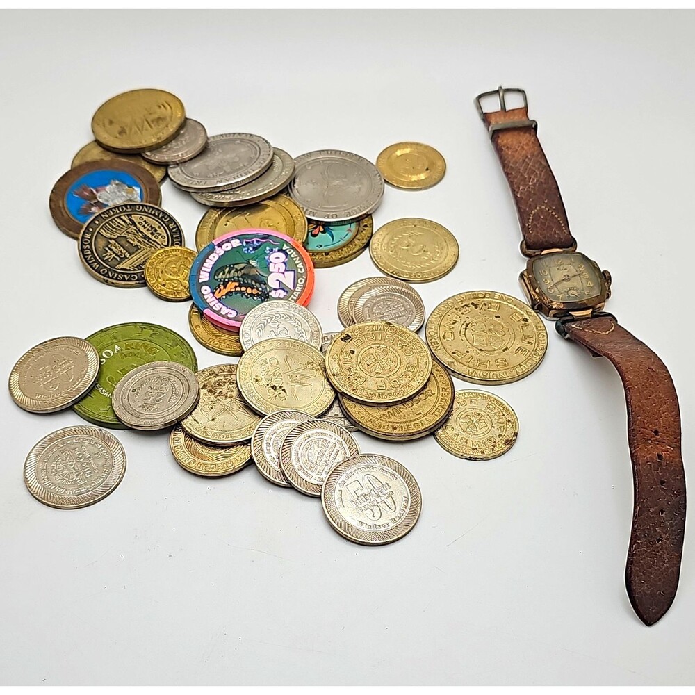 Vintage Casino Coin Lot with Collectible Tokens/Medallions & Elco Wristwatch